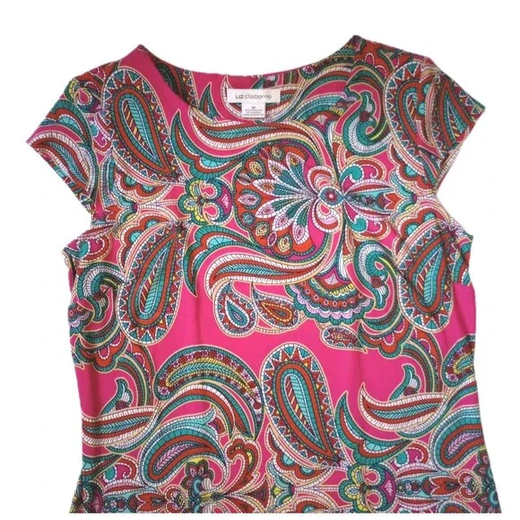Liz Claiborne Pink Paisley Short Sleeve Dress sz M Womens Flowy Comfort Fit - Picture 4 of 10